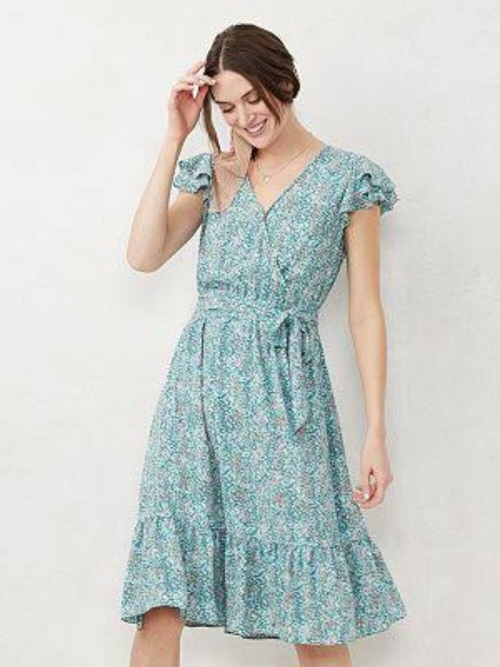 LC Lauren Conrad Blue Floral Aqua Watercolor Flutter Sleeve Midi Dress
